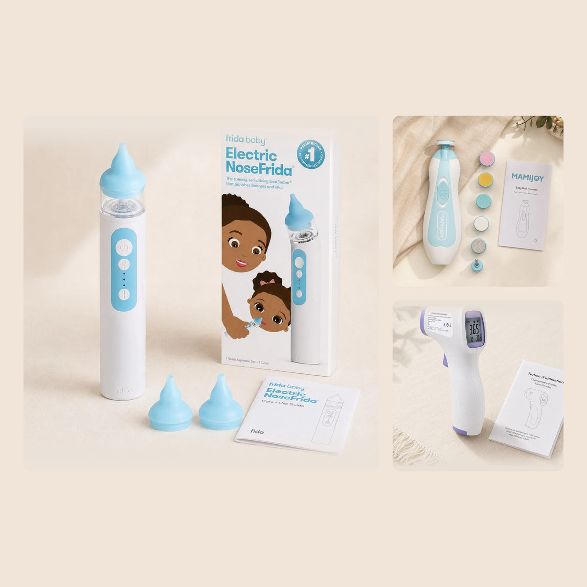 Kit Soin Bebe Essentiel : mouche-bébé électrique NoseFrida, coupe-ongles électrique et thermomètre frontal sans contact