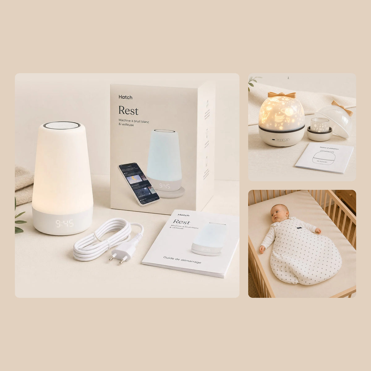 Kit Sommeil Serein : machine à bruit blanc Hatch Rest, veilleuse projecteur d'étoiles et gigoteuse TOG douillette