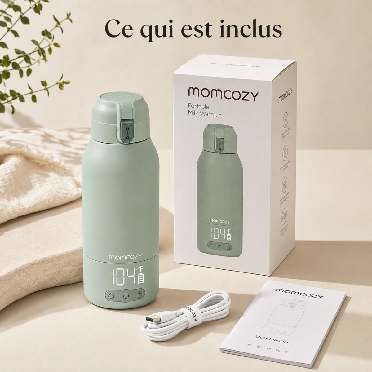 Chauffe-biberon nomade Momcozy avec sa boîte, son câble USB-C et sa notice