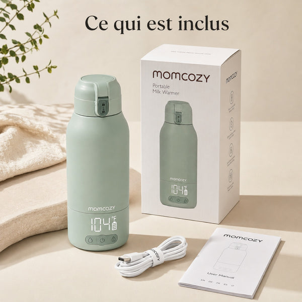 Chauffe-biberon nomade Momcozy avec sa boîte, son câble USB-C et sa notice