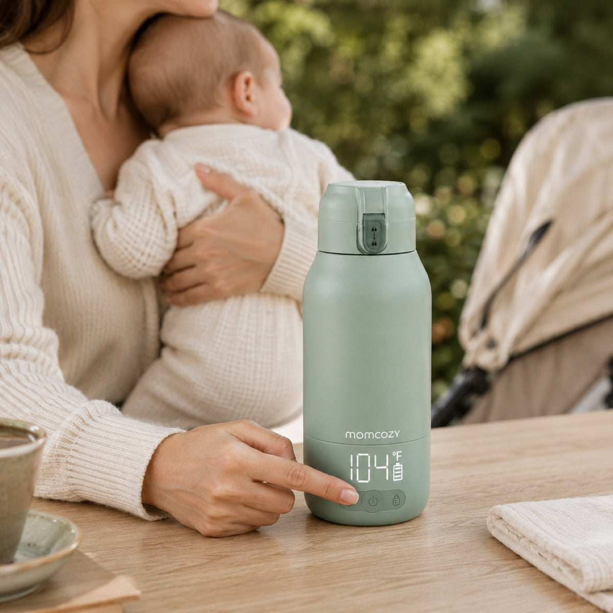 Le chauffe-biberon Momcozy s'actionne d'une main, bébé dans l'autre bras