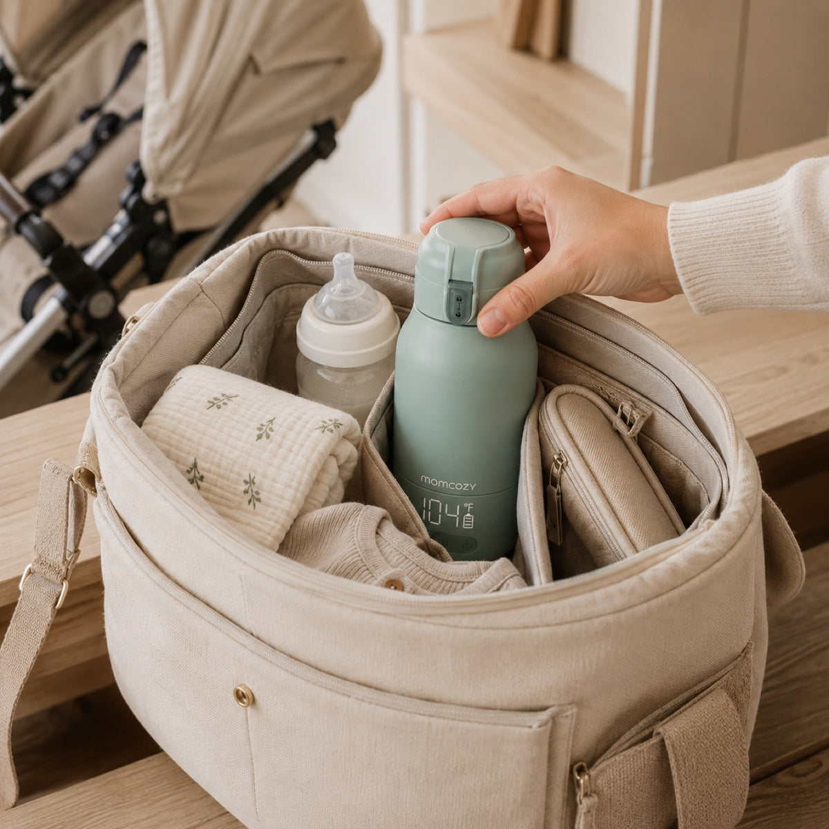 Chauffe-biberon Momcozy rangé dans le sac à langer avec le biberon