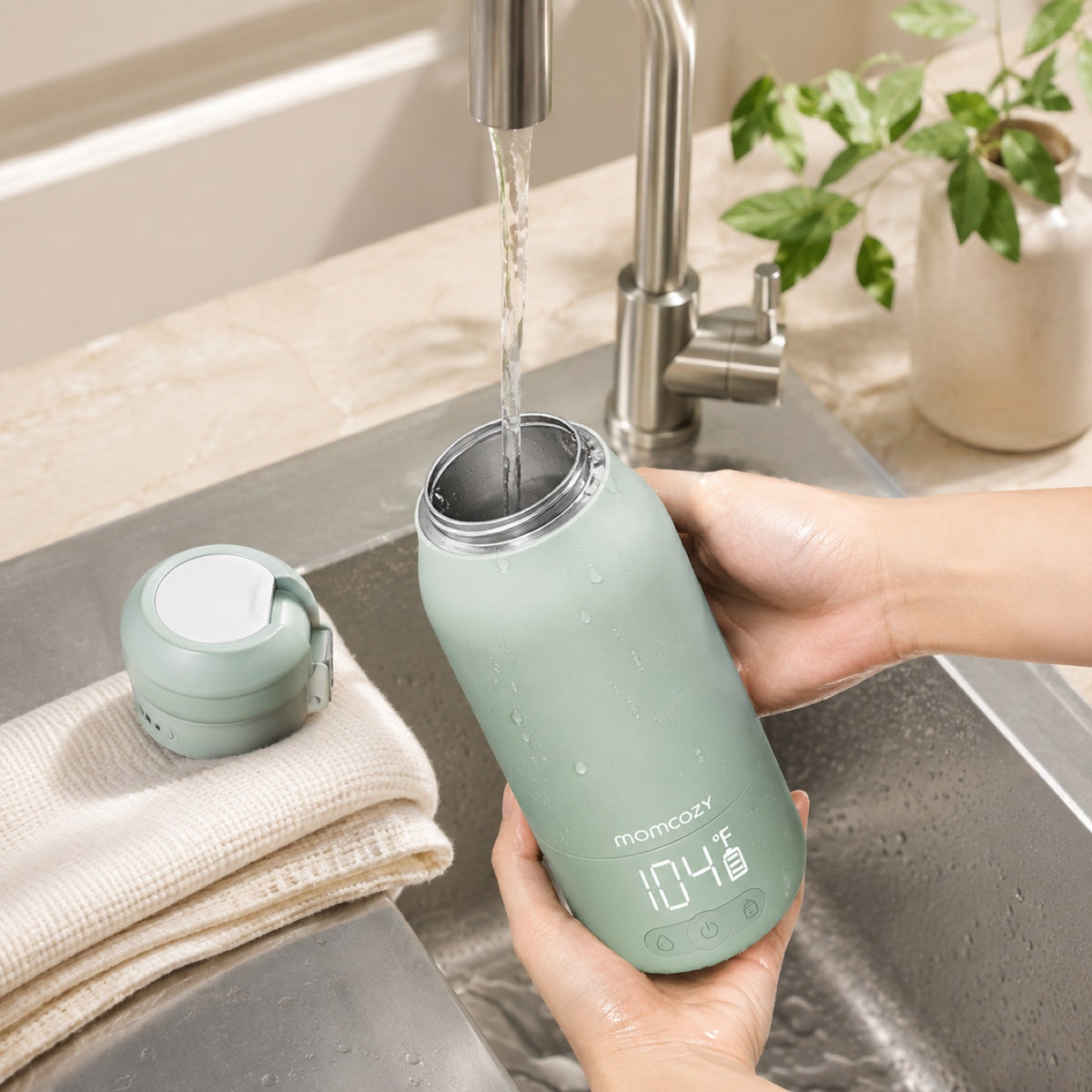 Chauffe-biberon Momcozy rincé sous l'eau après utilisation