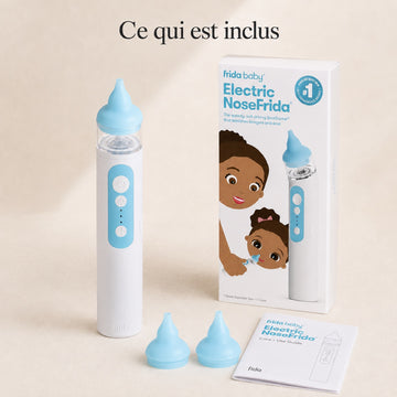 Mouche-bébé électrique NoseFrida avec sa boîte, ses embouts de rechange et sa notice