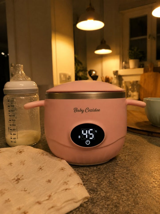 Un Babycozidoo posé sur un plan de travail de cuisine le soir, à côté d'un biberon préparé