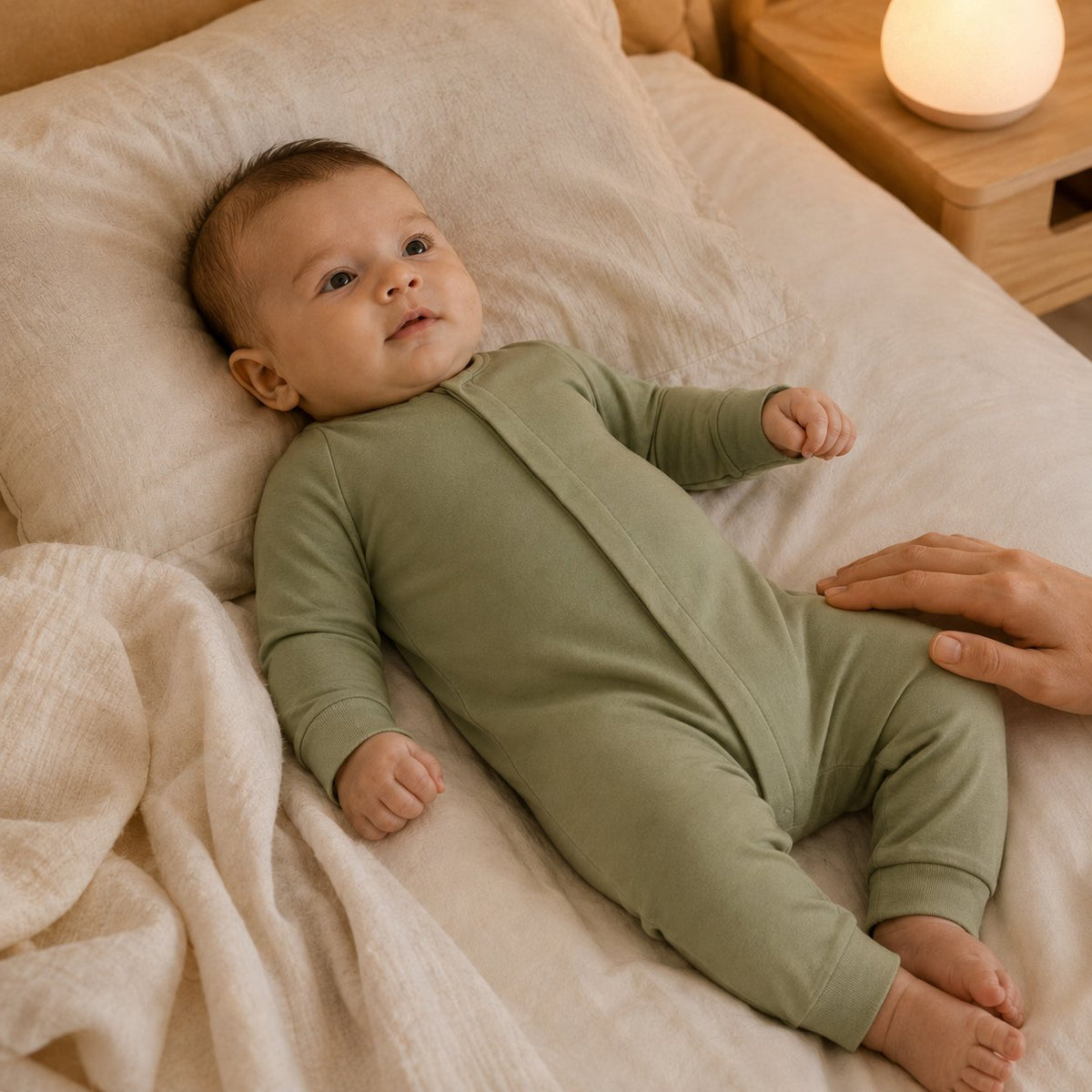 Bébé allongé sur un lit porte un pyjama vert sauge à fermeture magnétique, veilleuse allumée en arrière-plan