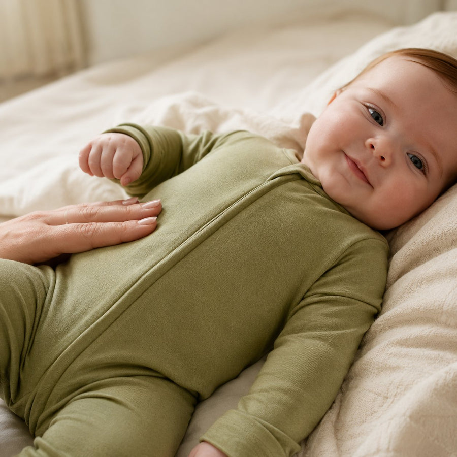 Bébé souriant en pyjama vert olive à fermeture magnétique, main du parent posée sur son ventre
