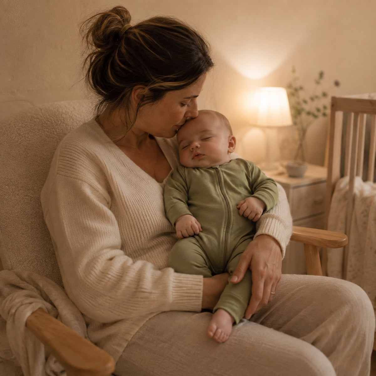 Maman dans un fauteuil embrasse son bébé endormi en pyjama vert olive, lumière douce du soir