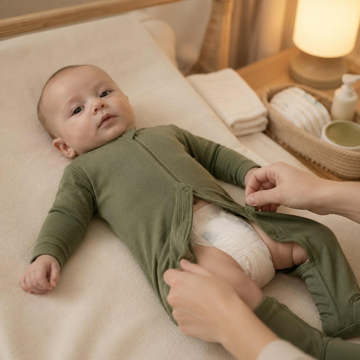Parent ouvre le pyjama bébé vert olive sur la table à langer pour un change rapide sans déshabiller l'enfant
