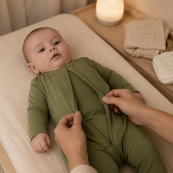 Étape 1 : un parent écarte les deux bords du pyjama bébé vert olive sur la table à langer, veilleuse allumée