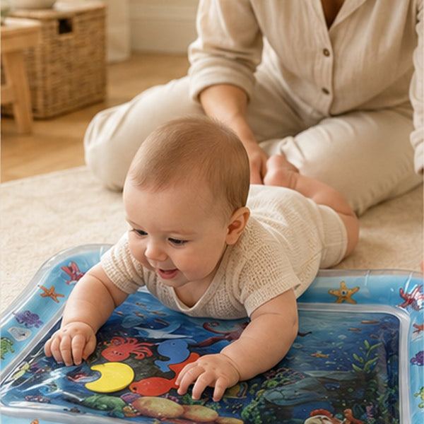 Étape 3 : bébé est allongé sur le ventre sur le tapis d'eau, un adulte reste assis à ses côtés