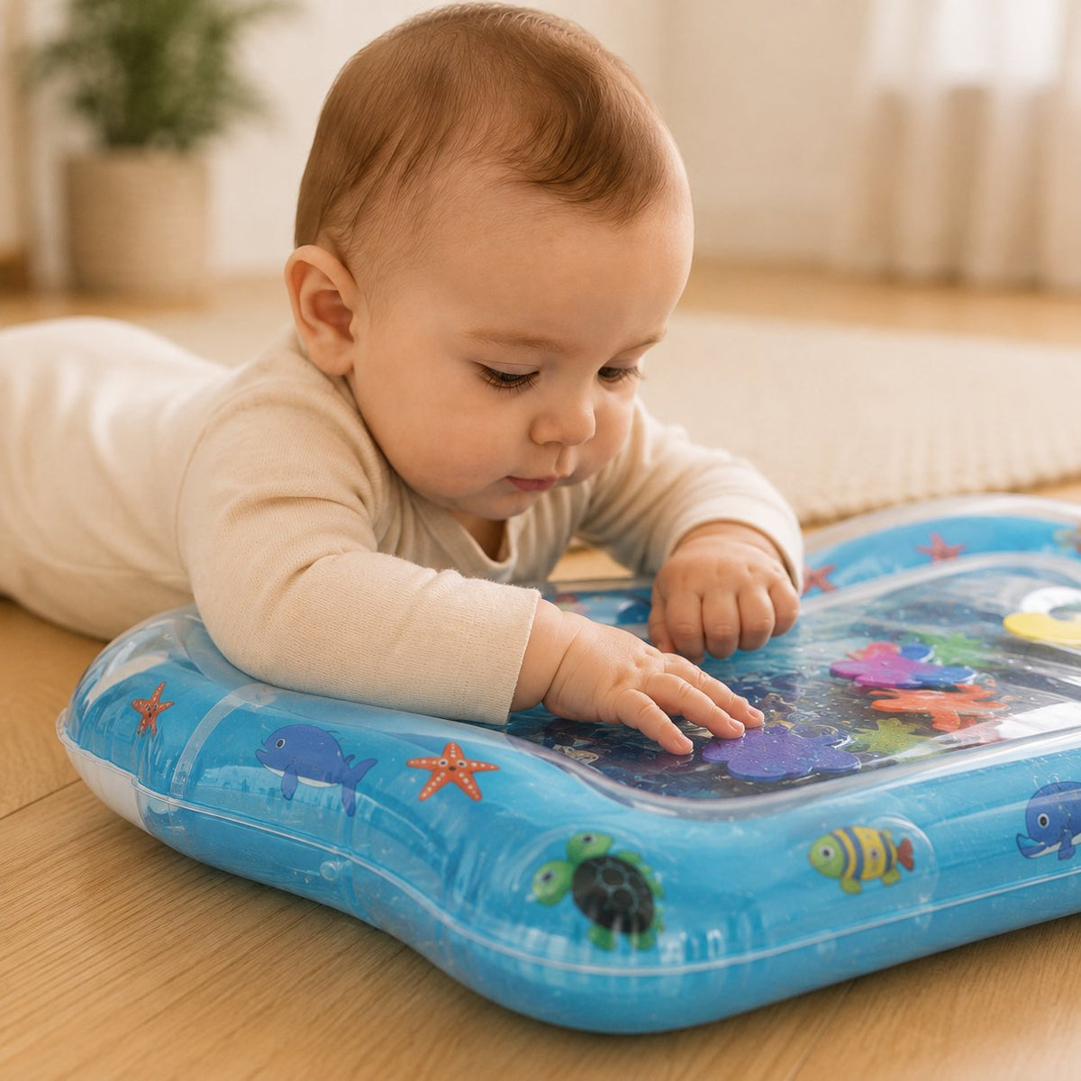Vue rapprochée du contour gonflable du tapis d'eau qui soutient les avant-bras de bébé pendant le jeu
