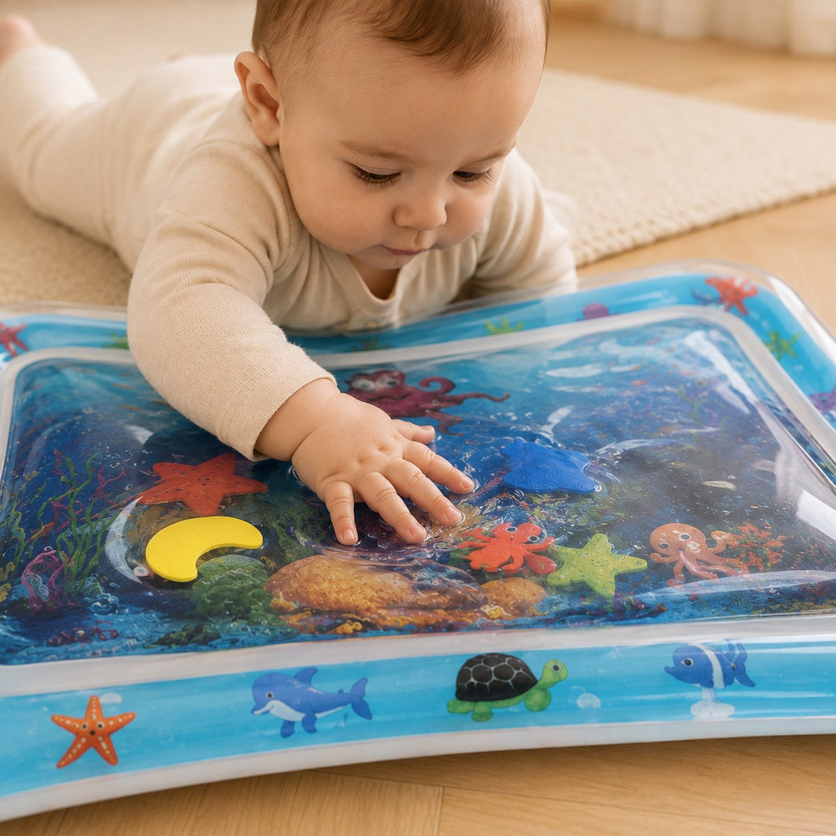 Main de bébé qui appuie sur le tapis d'eau et fait bouger les figurines colorées qui flottent à la surface