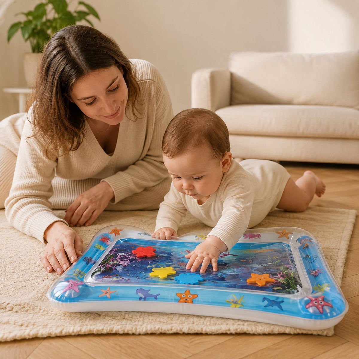 Maman allongée à côté de son bébé qui découvre le tapis d'eau gonflable d'éveil sur un tapis de salon