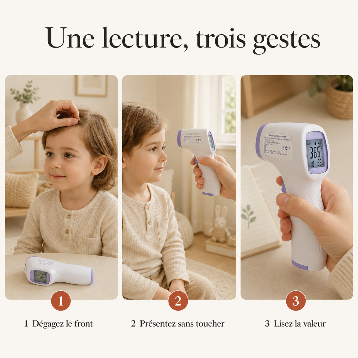 Une lecture en trois gestes : dégagez le front, présentez sans toucher, lisez la valeur