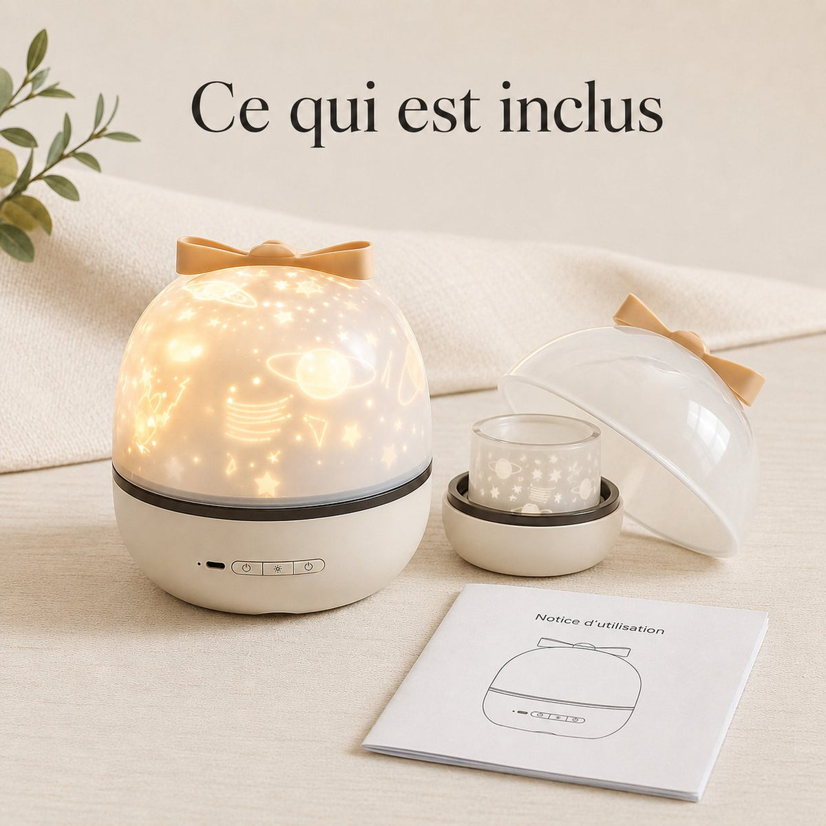 Contenu du coffret de la veilleuse projecteur d'étoiles : l'appareil, le dôme de projection et la notice d'utilisation