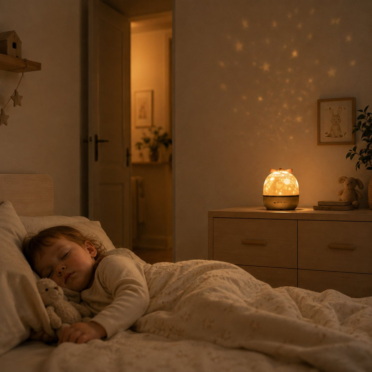 Enfant endormi dans son lit, la veilleuse projecteur d'étoiles diffuse une lumière tamisée dans la chambre