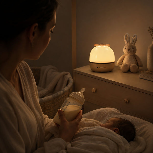 Veilleuse en mode lumière douce pendant la tétée de nuit, maman donne le biberon à son bébé