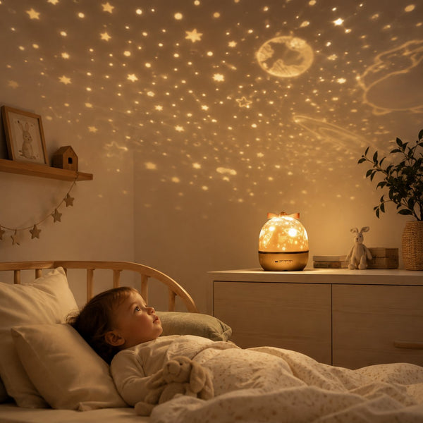 Veilleuse projecteur d'étoiles allumée sur une commode, le plafond de la chambre de bébé couvert d'étoiles, enfant éveillé dans son lit