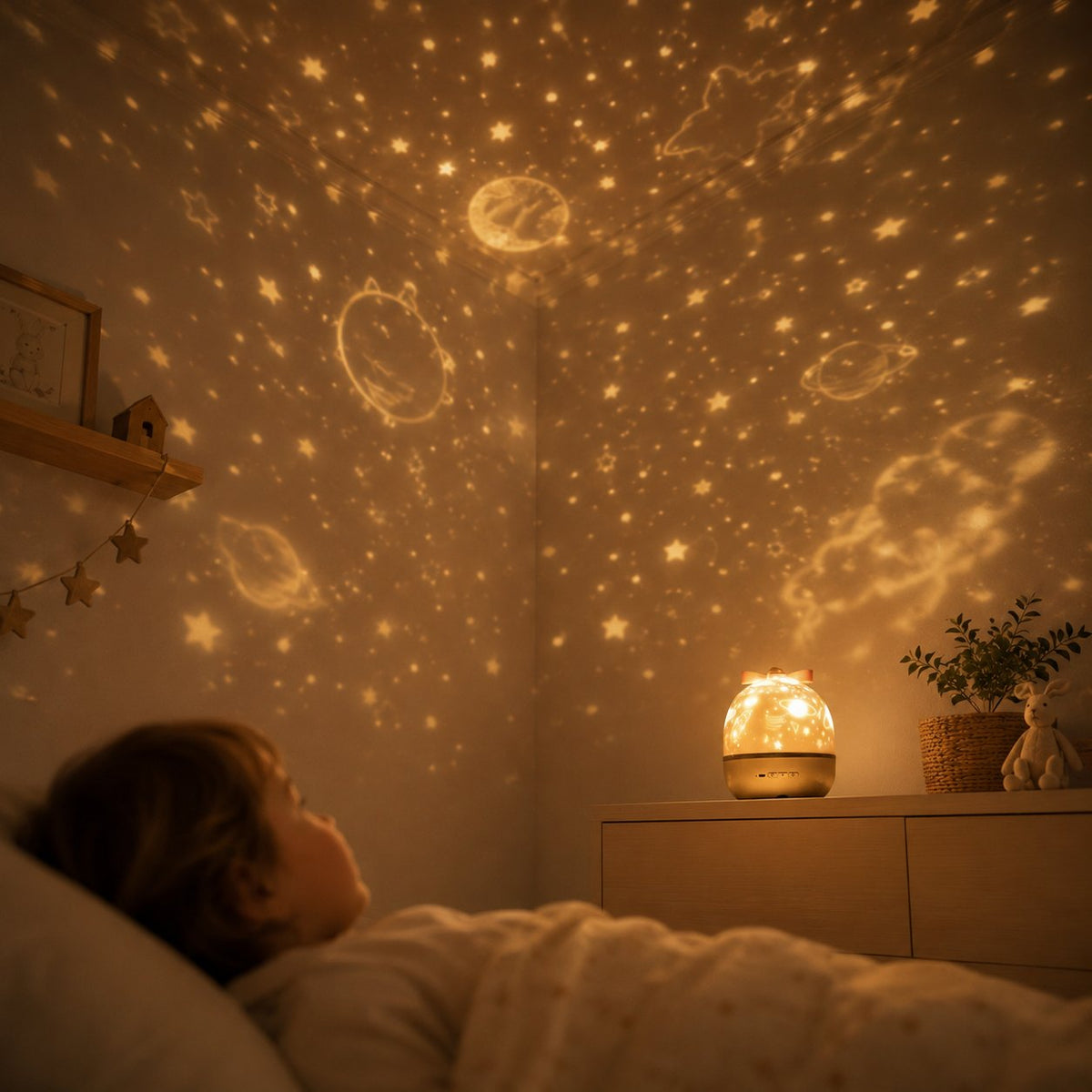 Veilleuse projecteur d'étoiles diffusant un ciel étoilé au-dessus du lit